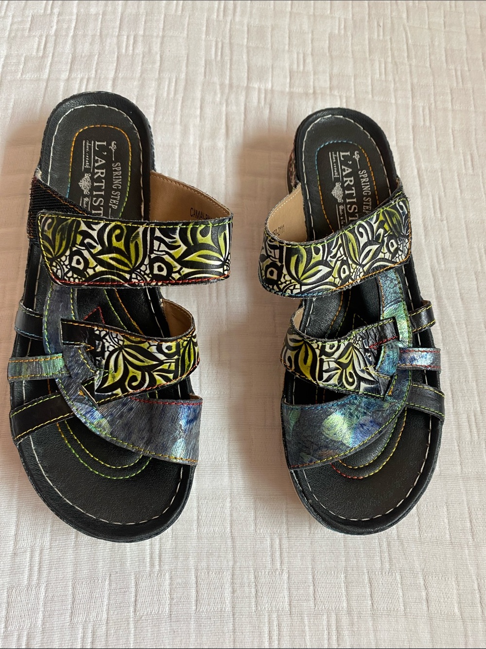 L'ATISTE Black Sandals with Lime Green Patterned Straps